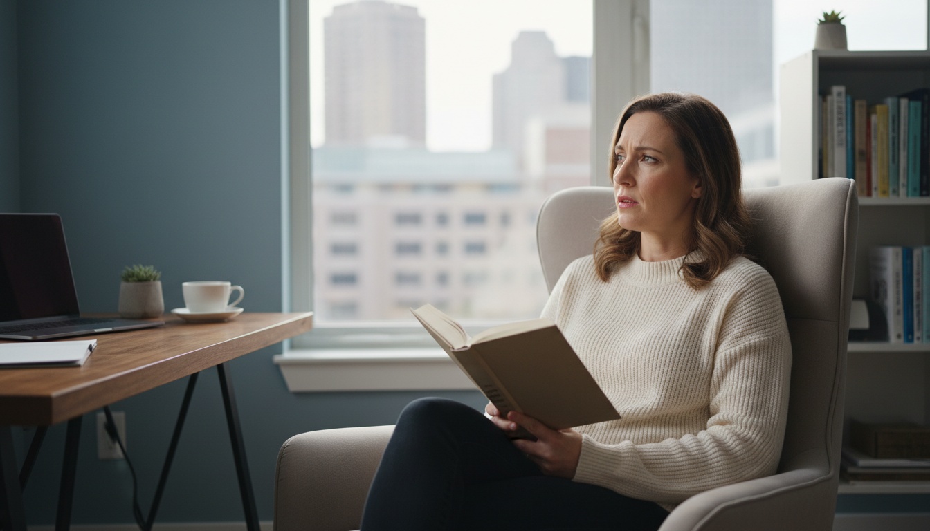 A thoughtful adult looking out the window
