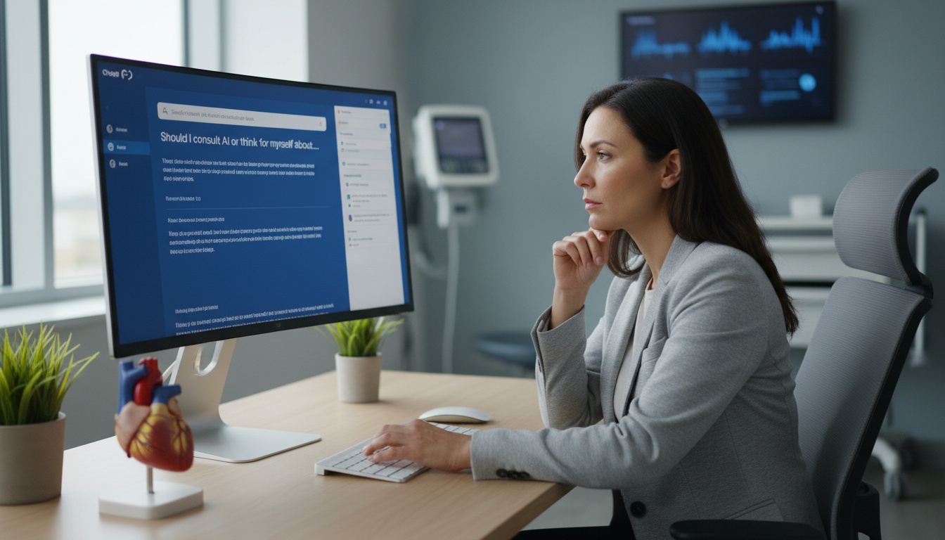 A person hesitating between asking AI or thinking