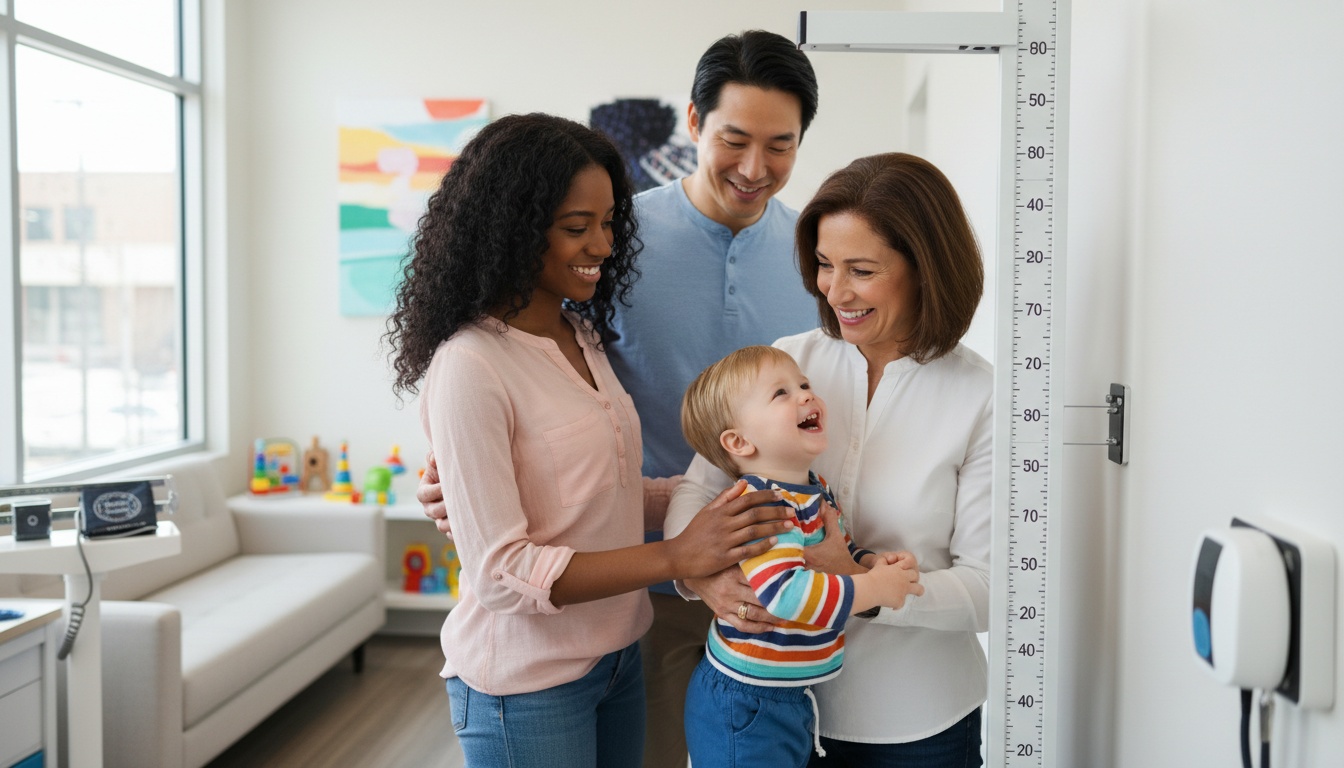 A pediatrician measuring a child's height