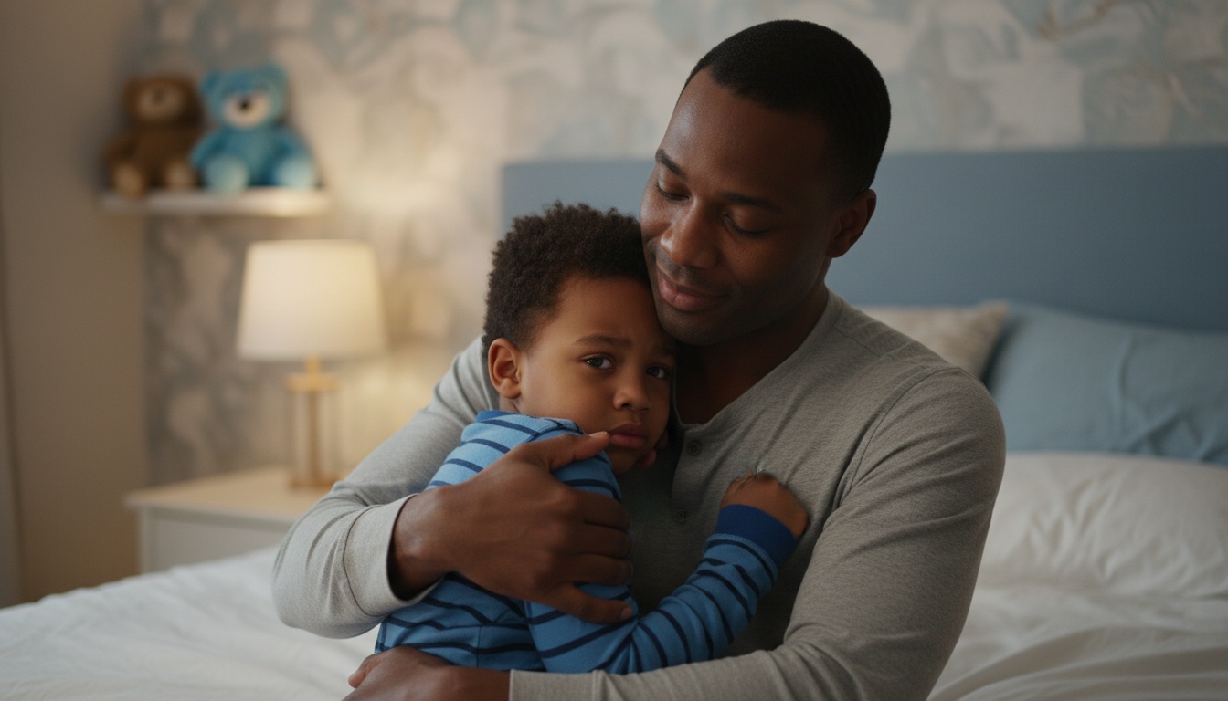 A parent comforting a child after a nightmare