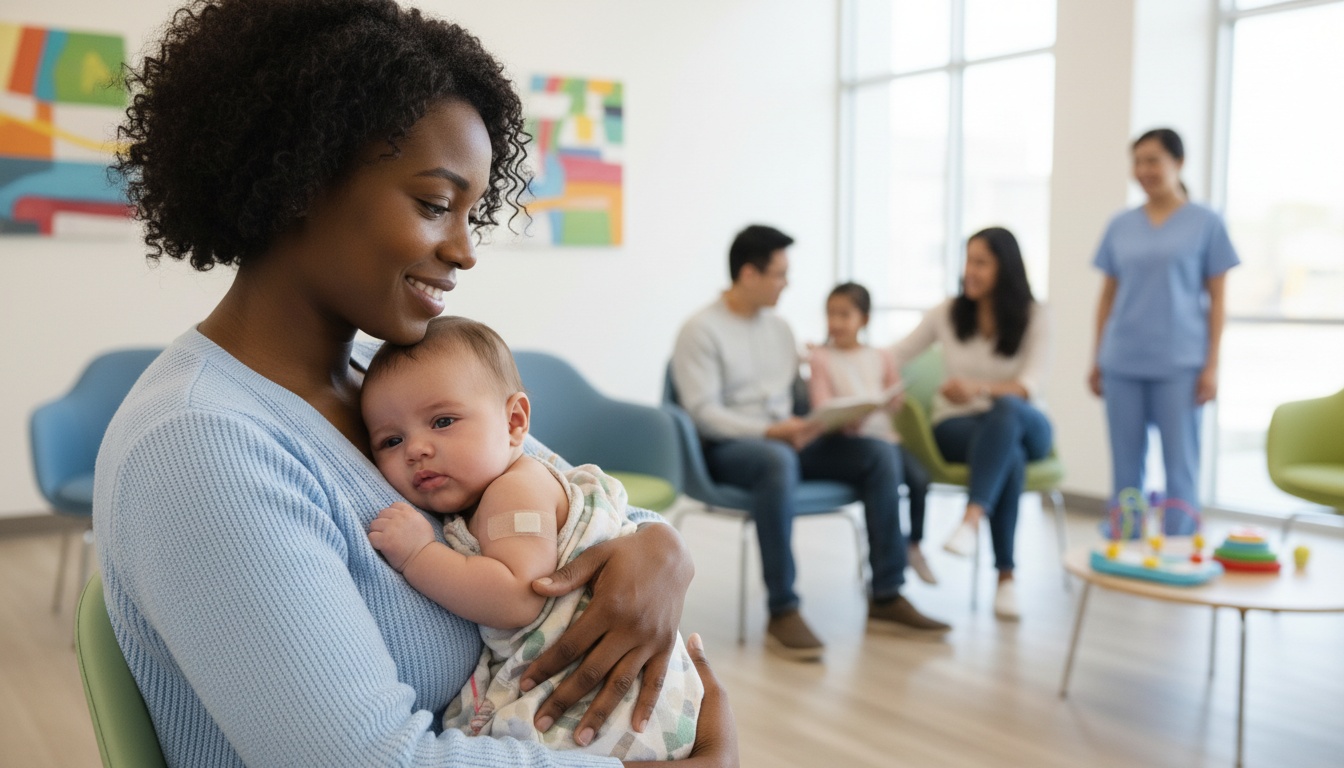 A mother comforting her baby after a vaccine