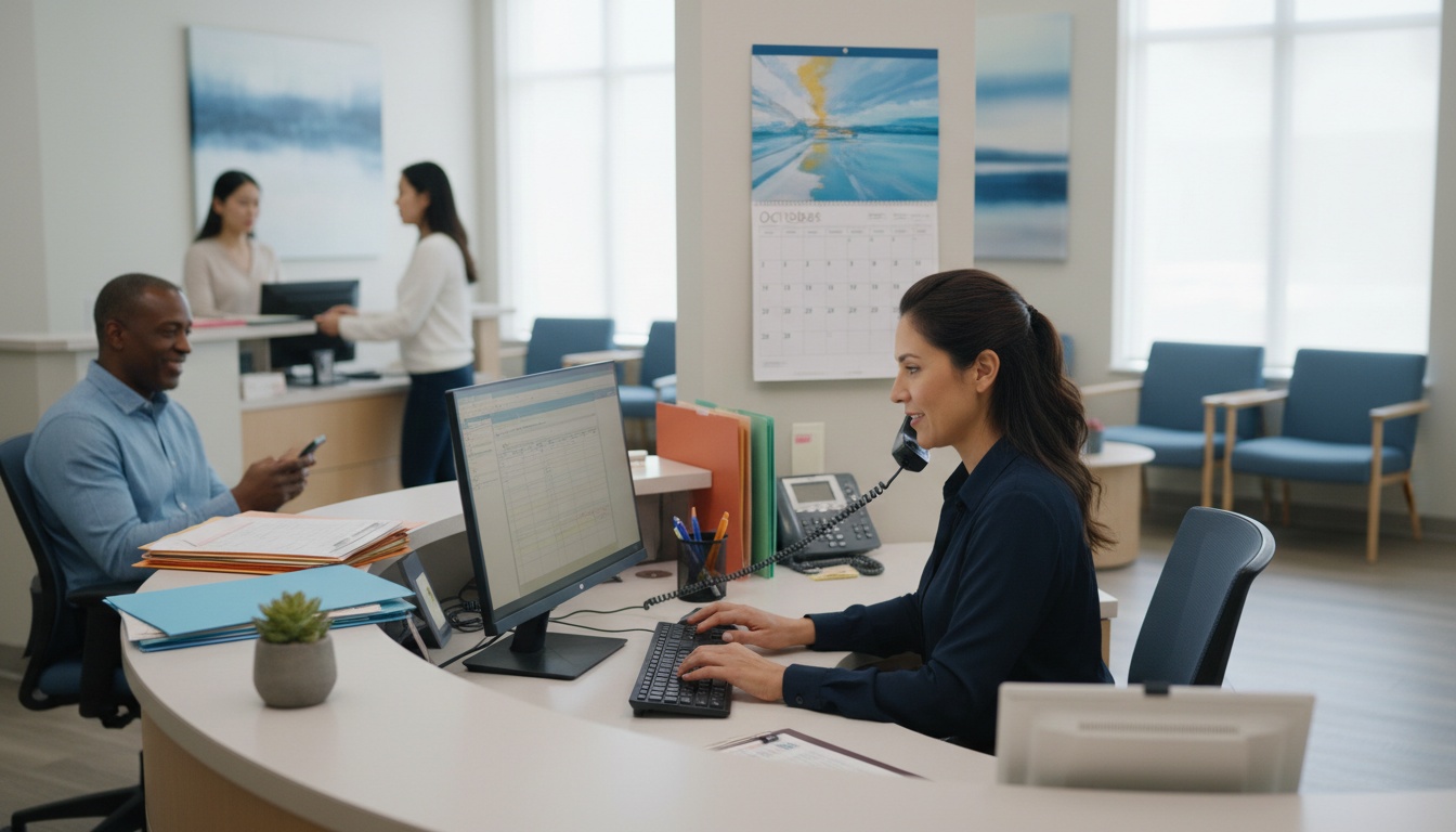A medical secretary juggling multiple tasks
