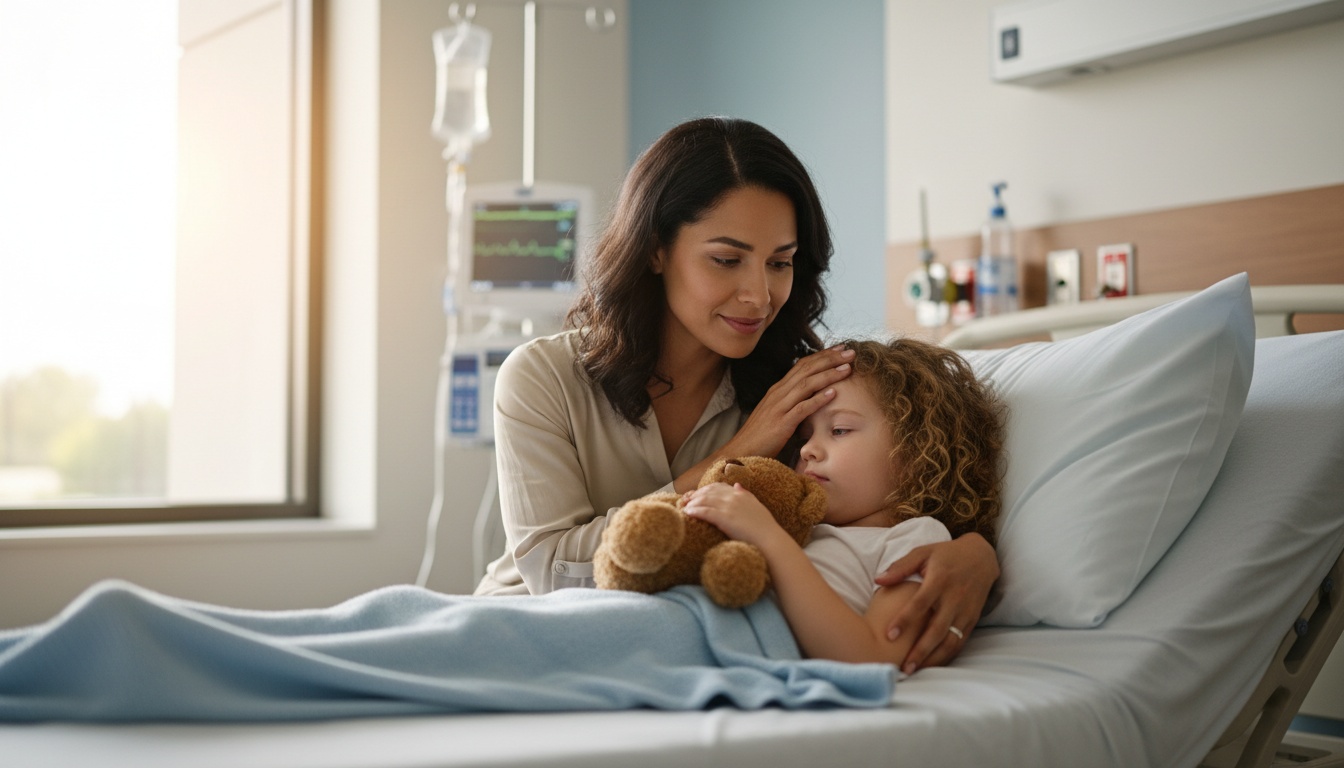 A mother comforting her sick child